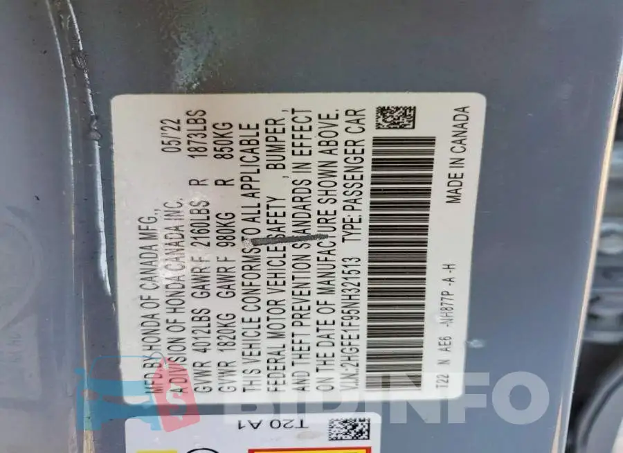 2HGFE1F95NH321513 Photo# 12