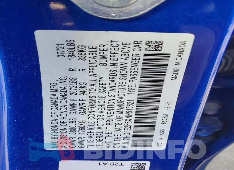 2HGFE2F5XNH515621 Photo# 12