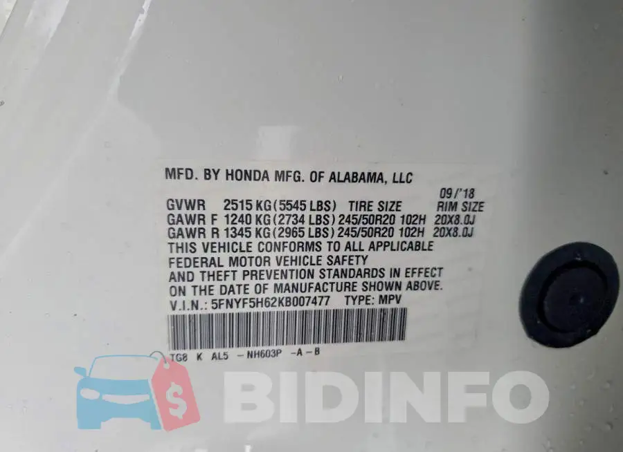 5FNYF5H62KB007477 Photo# 12