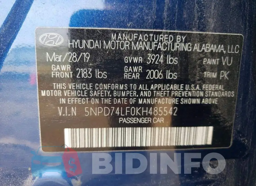 5NPD74LF0KH485542 Photo# 12