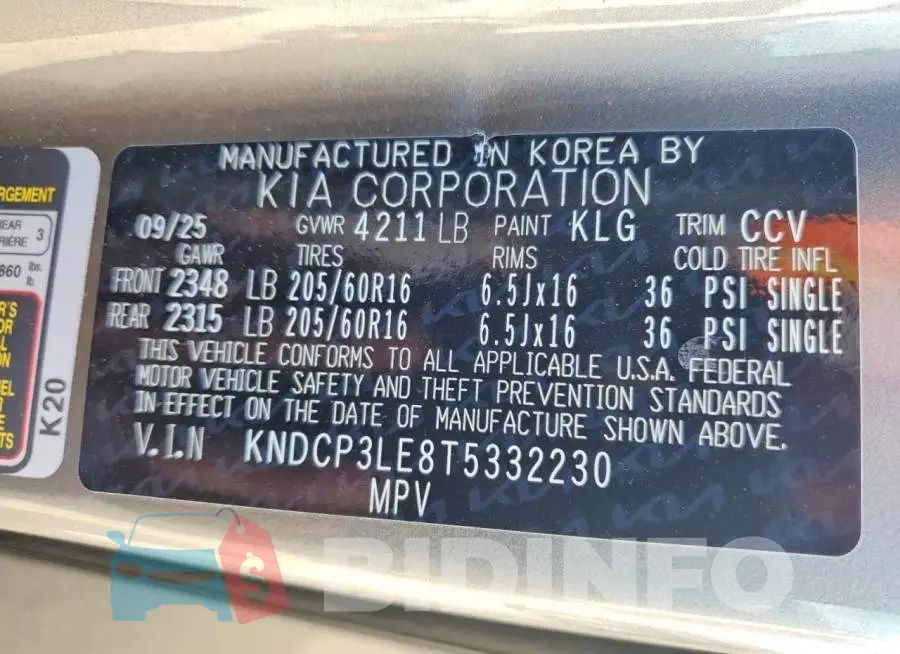 KNDCP3LE8T5332230 Photo# 14