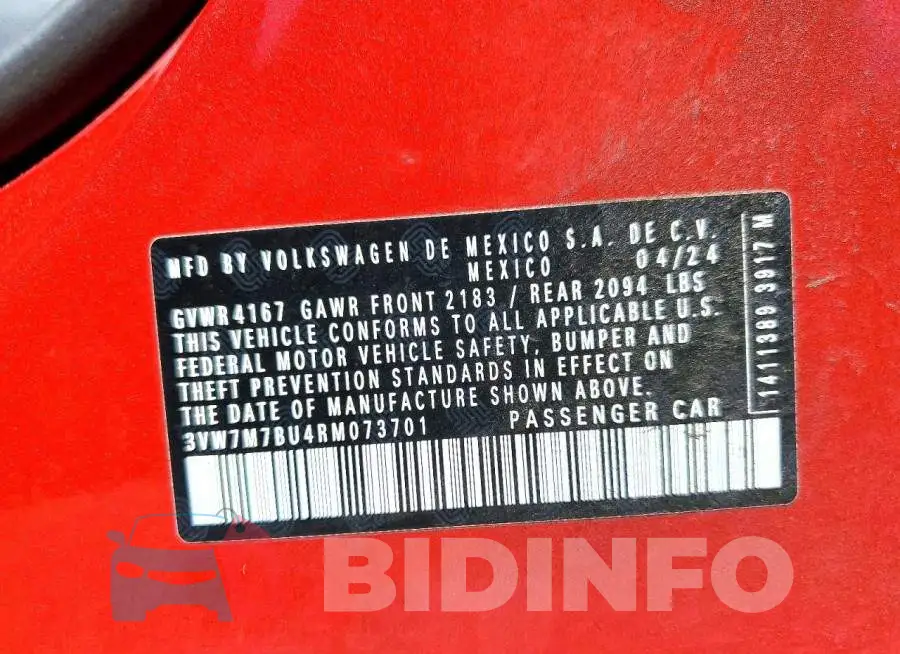 3VW7M7BU4RM073701 Photo# 12