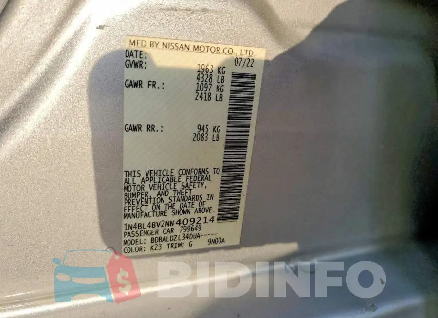 1N4BL4BV2NN409214 Photo# 12