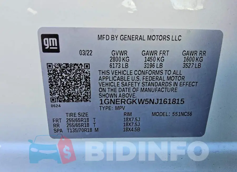 1GNERGKW5NJ161815 Photo# 13