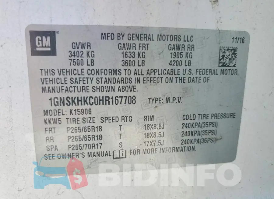 1GNSKHKC0HR167708 Photo# 13