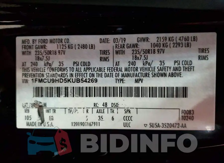 1FMCU9HD5KUB54269 Photo# 13