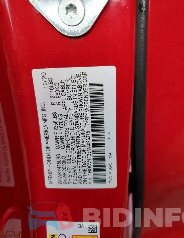 1HGCV1F33MA026275 Photo# 12
