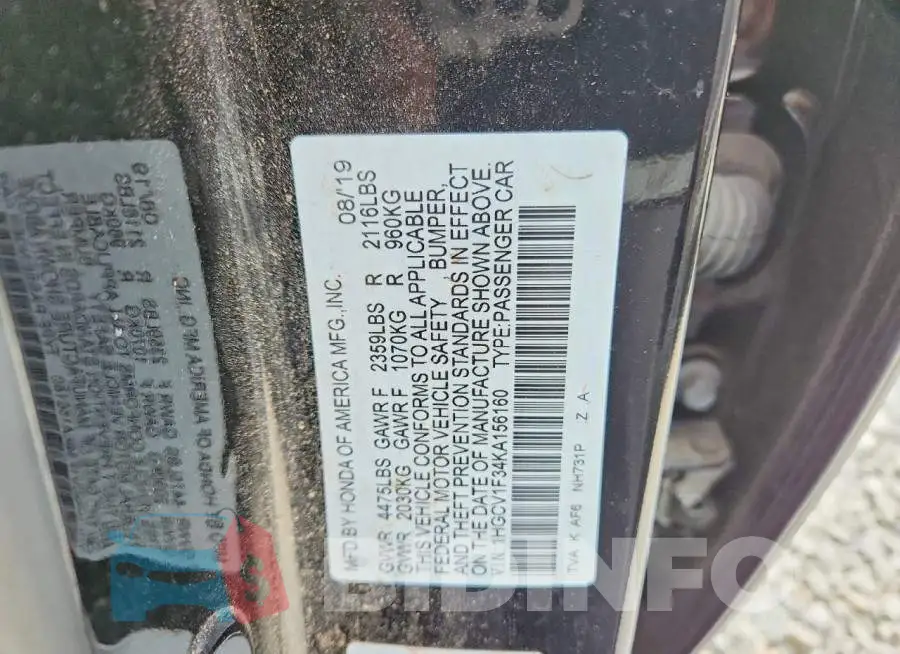 1HGCV1F34KA156160 Photo# 12