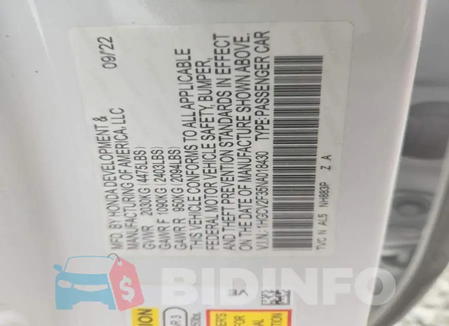 1HGCV2F35NA018430 Photo# 12