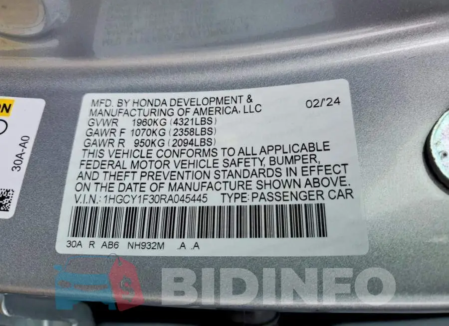 1HGCY1F30RA045445 Photo# 12