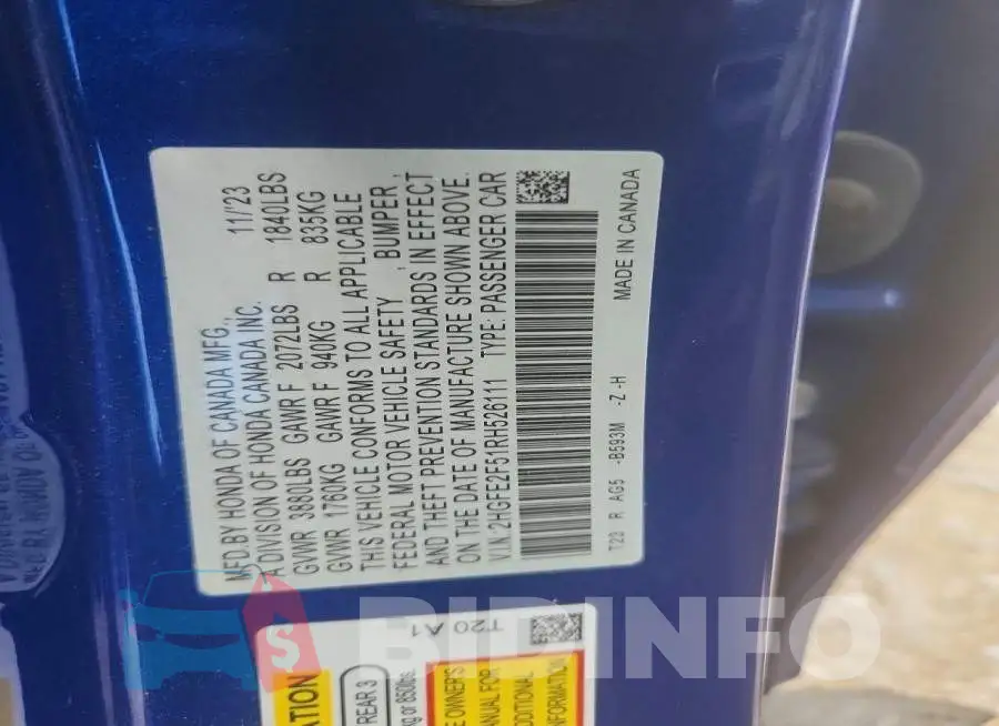 2HGFE2F51RH526111 Photo# 13