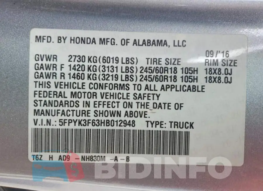 5FPYK3F63HB012948 Photo# 12