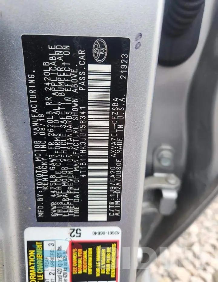 4T1B11HK3JU158341 Photo# 12