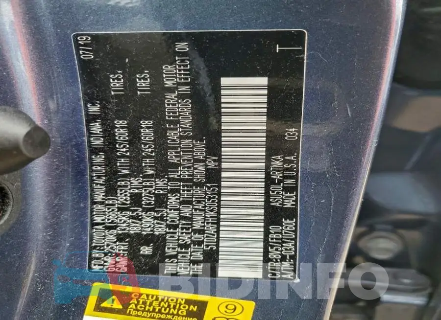 5TDZARFH1KS053151 Photo# 14