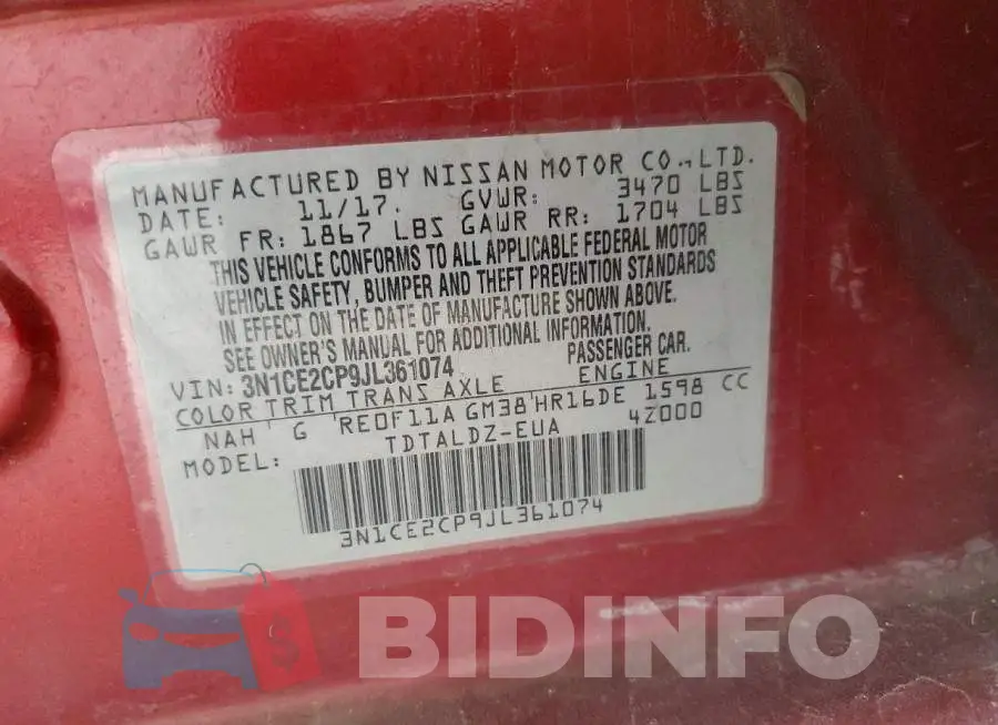 3N1CE2CP9JL361074 Photo# 13