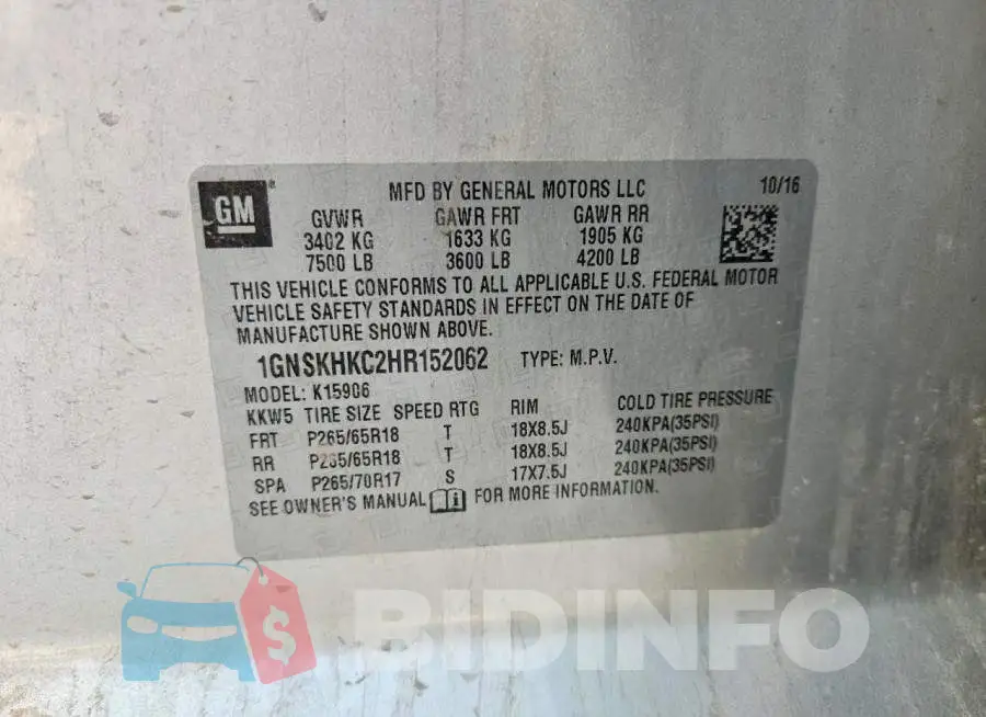 1GNSKHKC2HR152062 Photo# 13