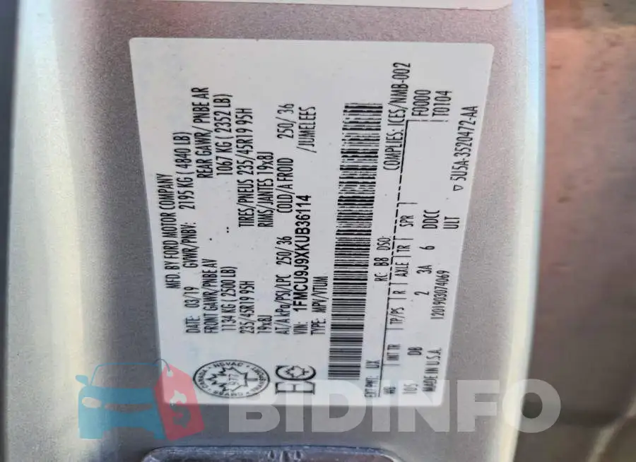 1FMCU9J9XKUB36114 Photo# 13