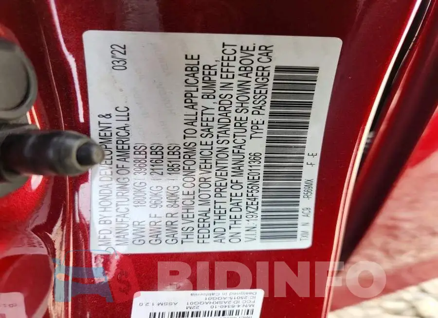 19XZE4F55NE011366 Photo# 13
