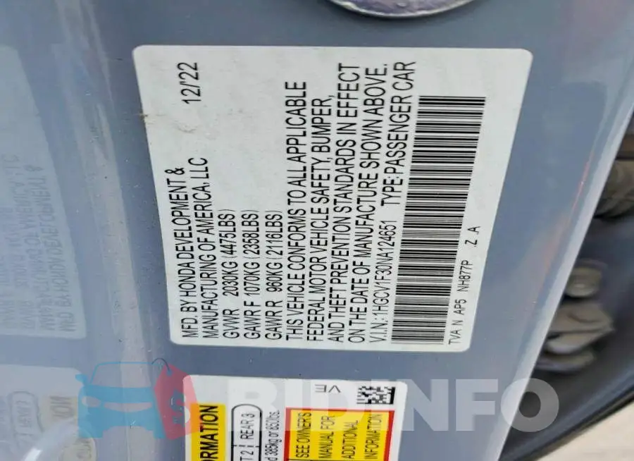 1HGCV1F30NA124651 Photo# 12