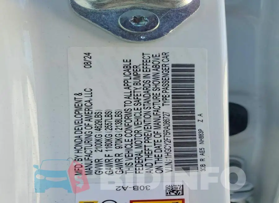 1HGCY2F75RA086727 Photo# 12