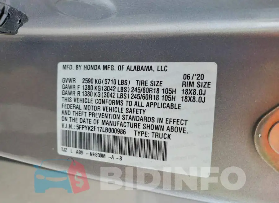 5FPYK2F17LB000986 Photo# 12