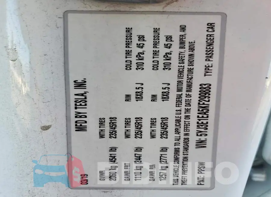 5YJ3E1EA5KF299883 Photo# 12