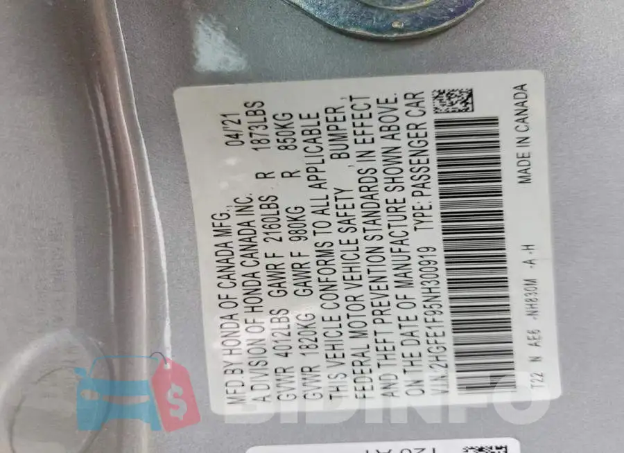 2HGFE1F95NH300919 Photo# 12
