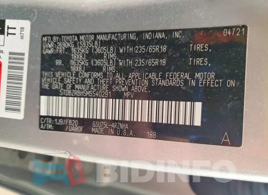 5TDBZRBH5MS540291 Photo# 13