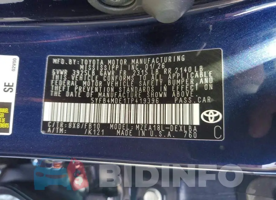 5YFB4MDE1TP419396 Photo# 12