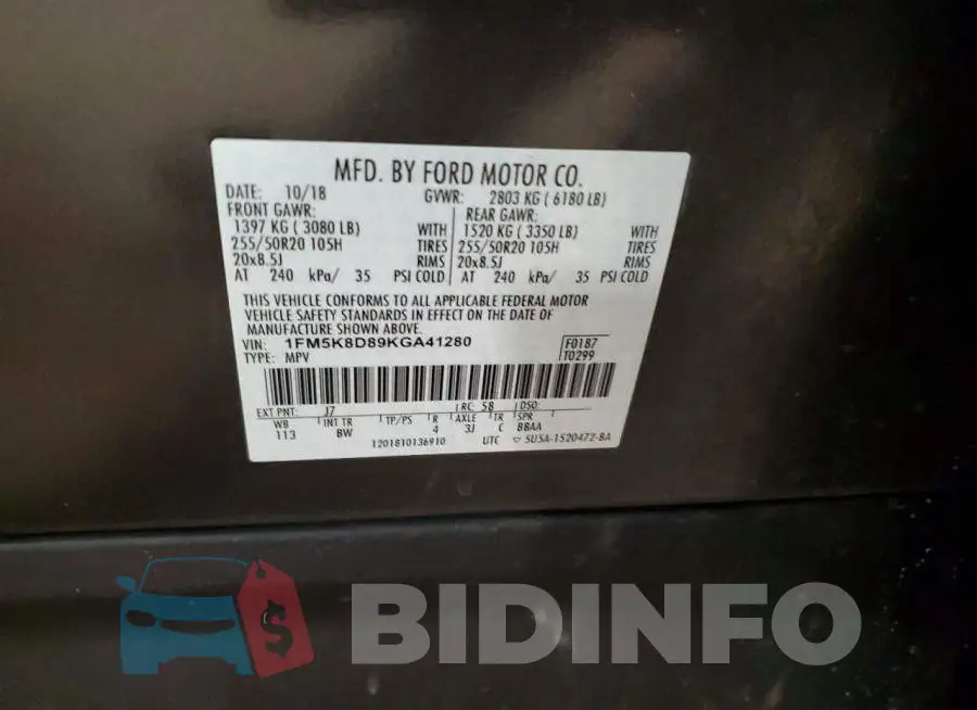 1FM5K8D89KGA41280 Photo# 14