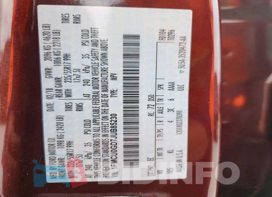1FMCU0GD7JUB85230 Photo# 13