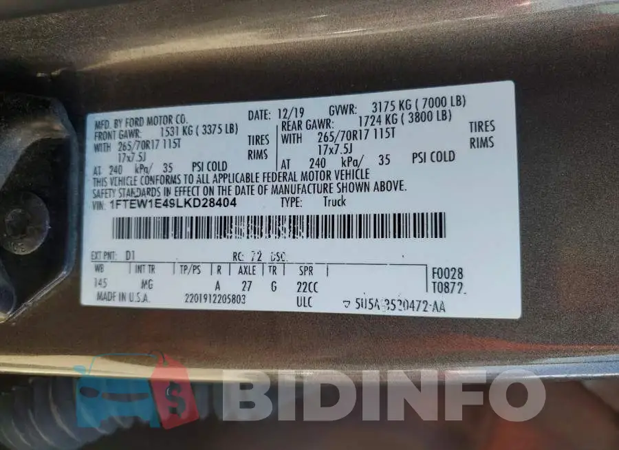 1FTEW1E49LKD28404 Photo# 13