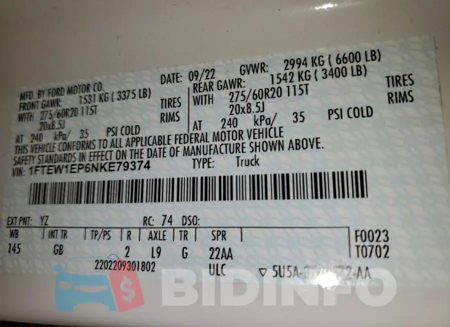 1FTEW1EP6NKE79374 Photo# 12