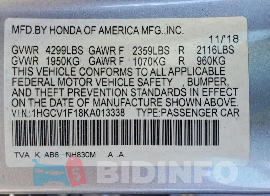 1HGCV1F18KA013338 Photo# 12