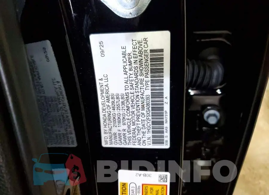1HGCY2F5XSA080393 Photo# 12