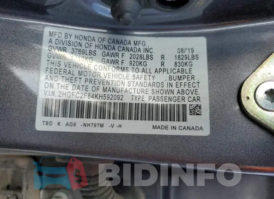 2HGFC2F84KH592092 Photo# 13