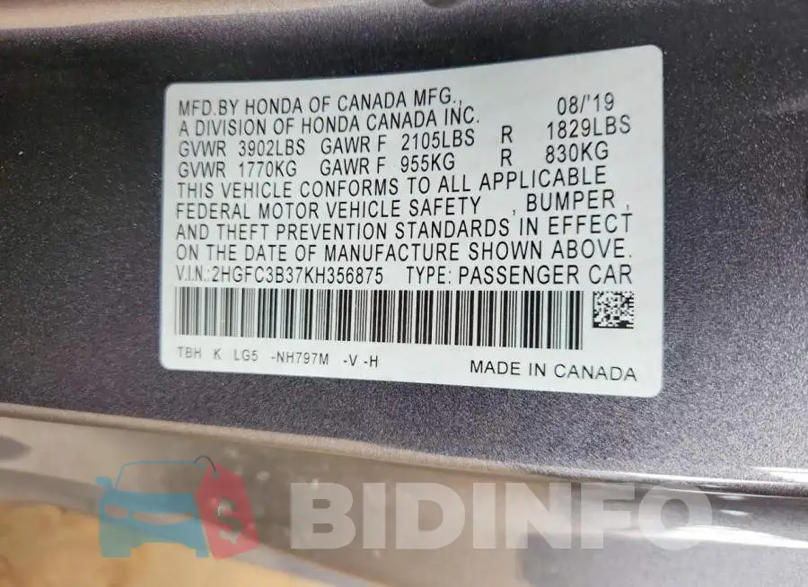 2HGFC3B37KH356875 Photo# 13