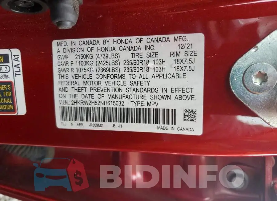 2HKRW2H52NH615032 Photo# 13