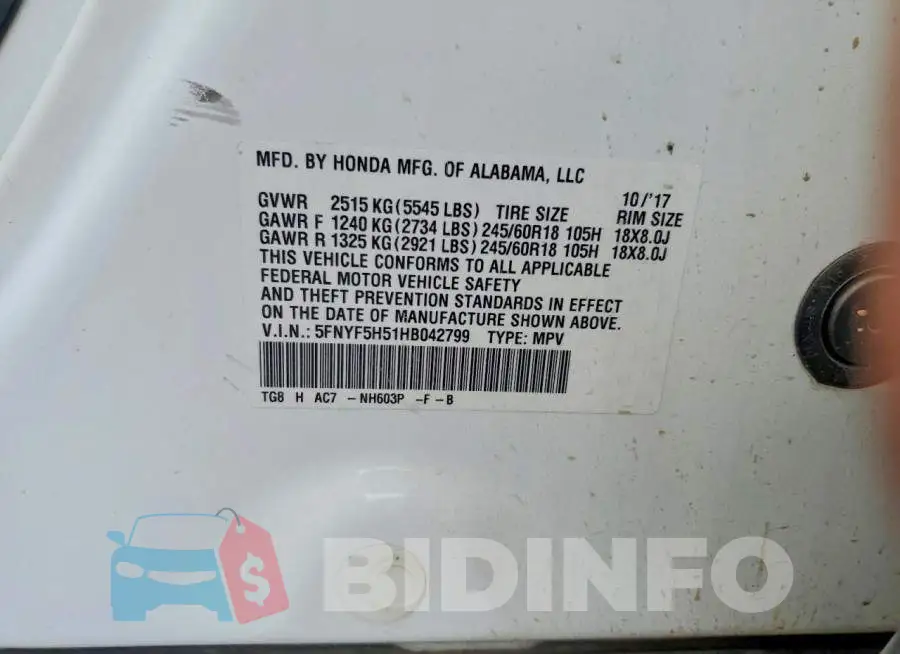 5FNYF5H51HB042799 Photo# 12