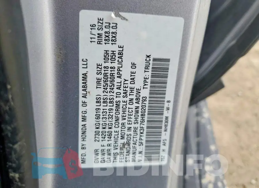 5FPYK3F76HB020793 Photo# 13