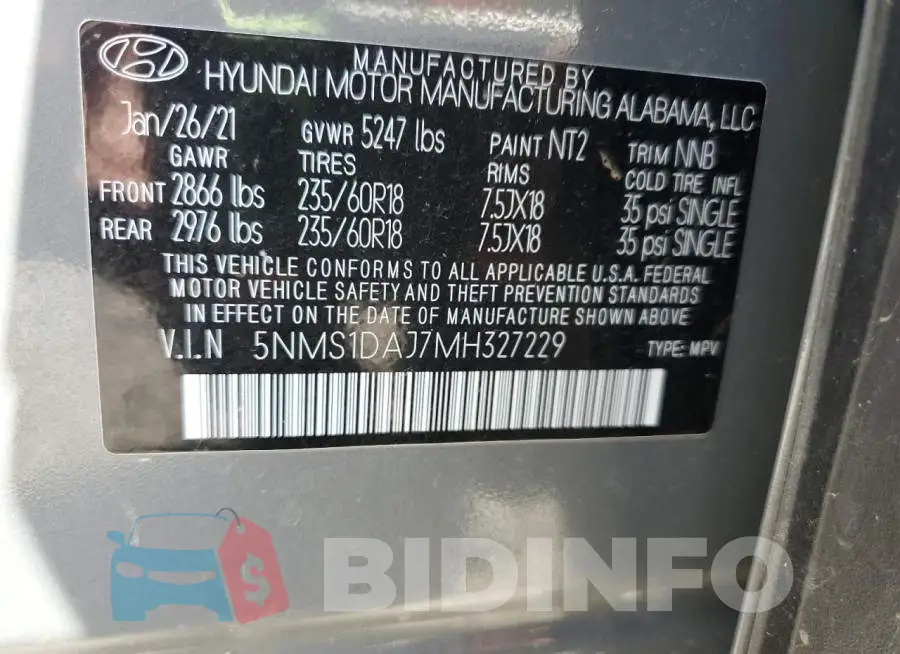 5NMS1DAJ7MH327229 Photo# 13