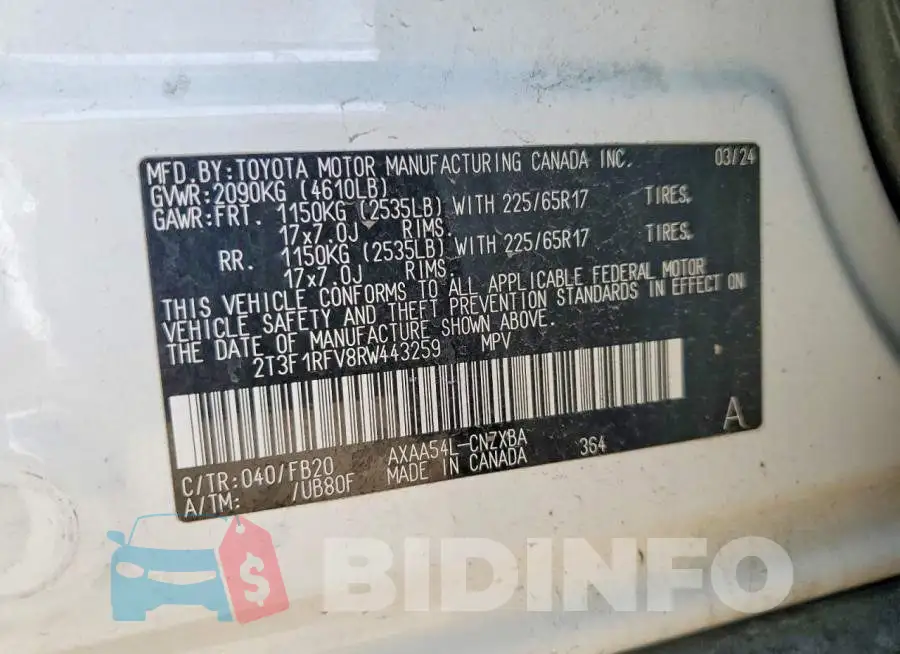 2T3F1RFV8RW443259 Photo# 12