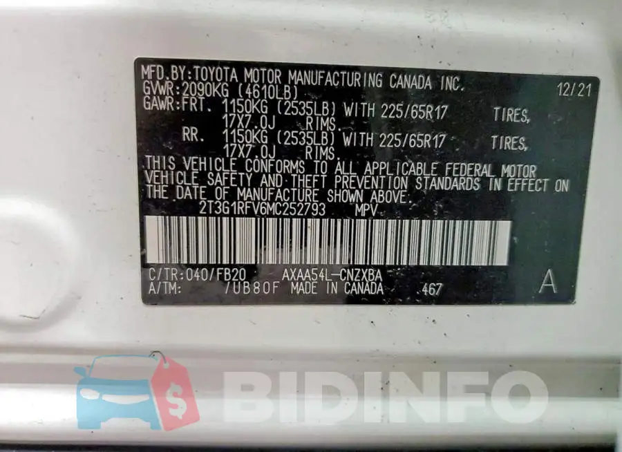 2T3G1RFV6MC252793 Photo# 13