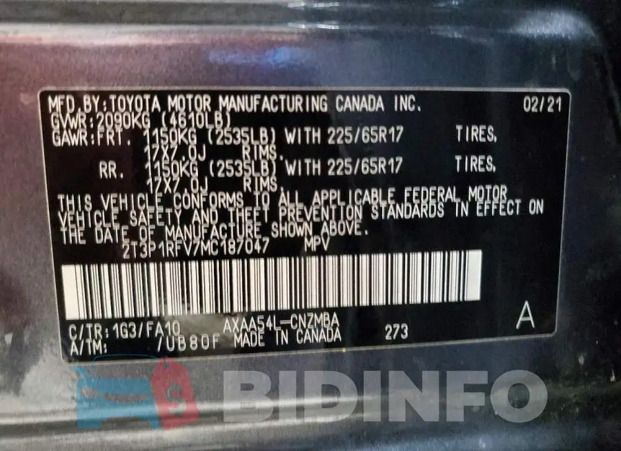 2T3P1RFV7MC187047 Photo# 14
