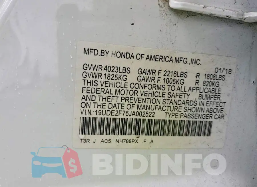 19UDE2F75JA002522 Photo# 12