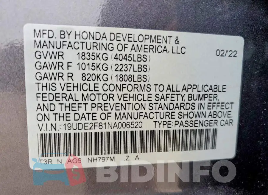 19UDE2F81NA006520 Photo# 13