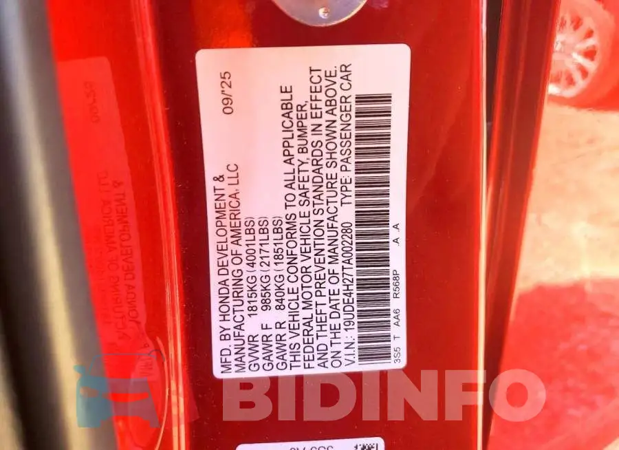 19UDE4H27TA002280 Photo# 13