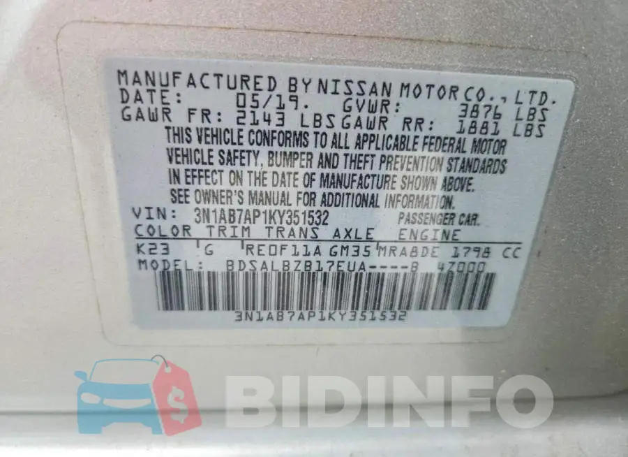 3N1AB7AP1KY351532 Photo# 12