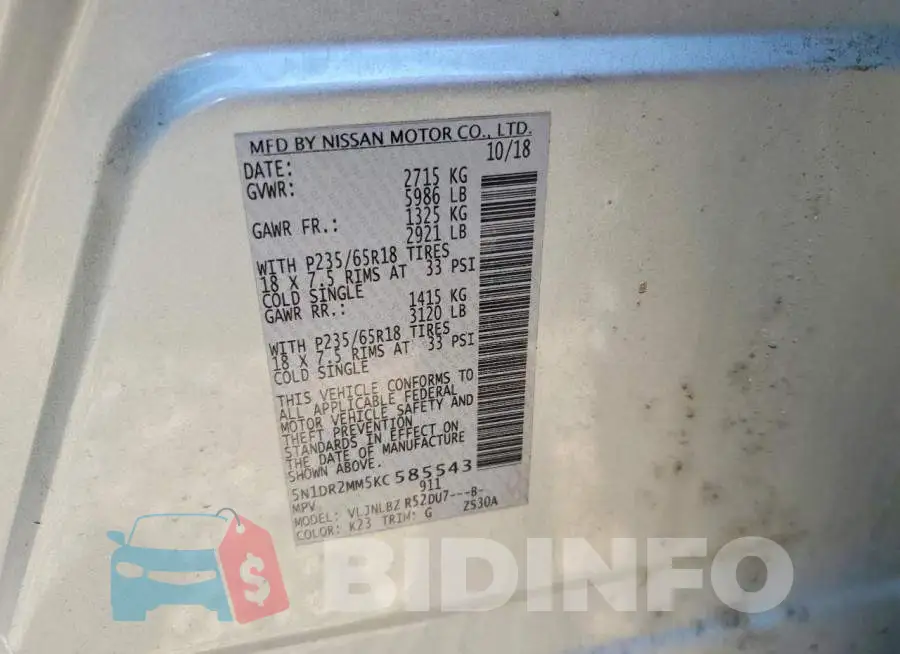 5N1DR2MM5KC585543 Photo# 14