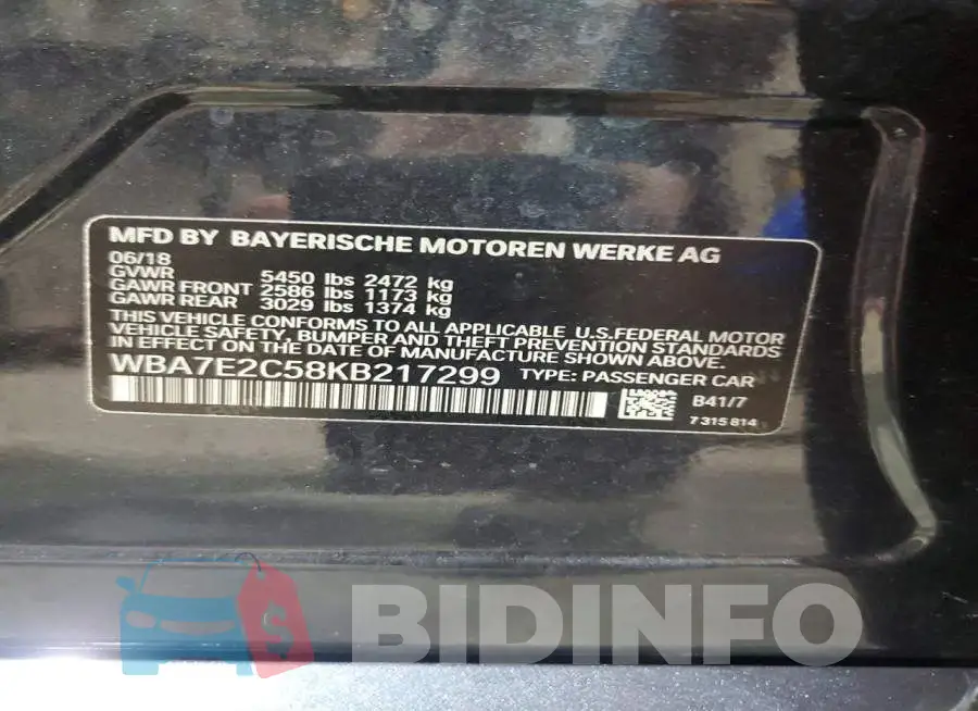 WBA7E2C58KB217299 Photo# 12